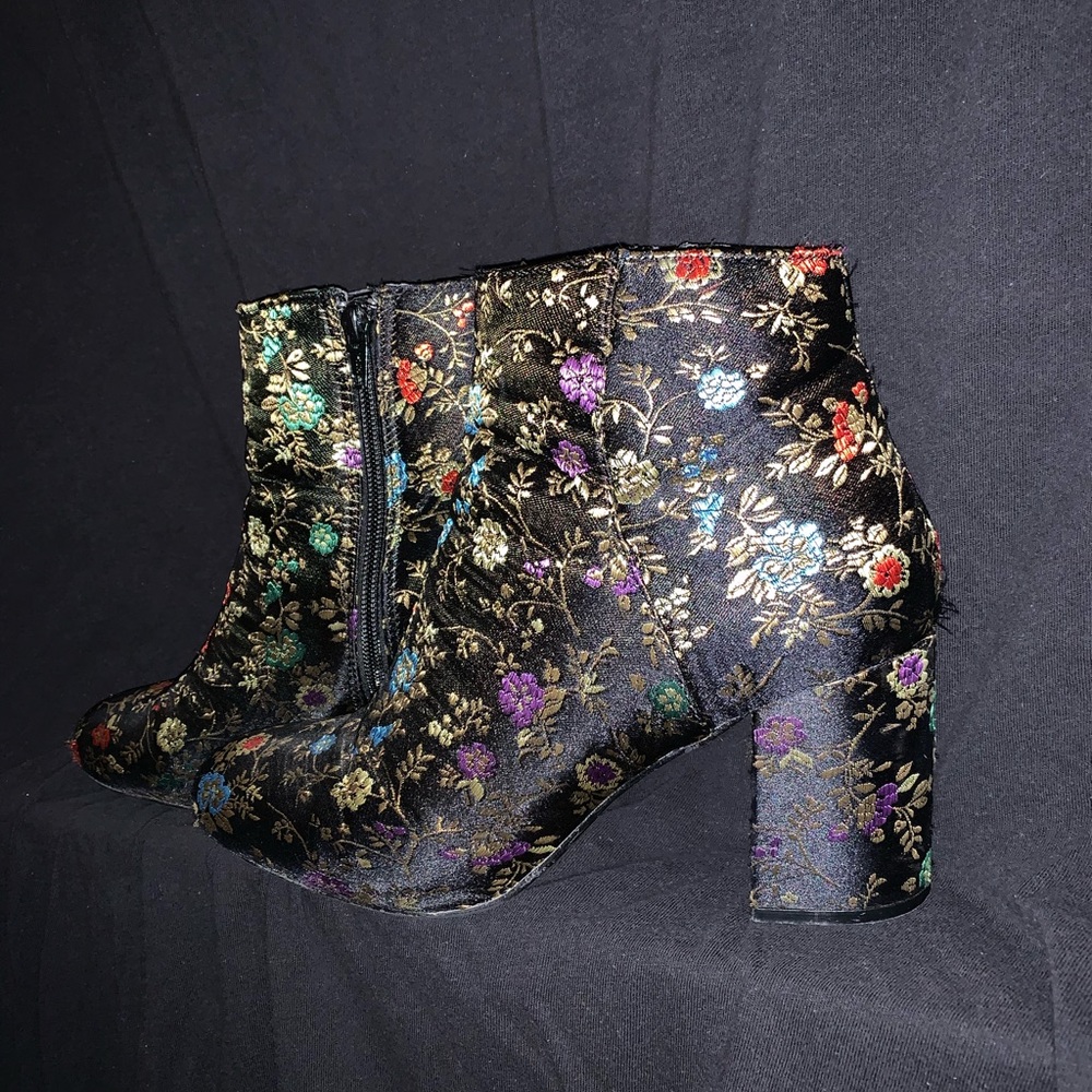 Black floral print ankle booties
